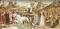 Francesco del Cossa, Marzo – Trionfo di Minerva e segno dell’Ariete, 1468 – 1470 circa, affresco, 500 × 320 cm, Salone dei Mesi, Palazzo Schifanoia, Ferrara.