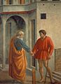 Der Zinsgroschen, Detail: Petrus bezahlt den Zöllner von Masaccio, 1424-1425