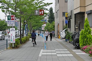 Sidewalk in Tokyo, with bike path.