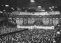 Propagandaminister Joseph Goebbels Sportpalast speech, Berlin, 18 February 1943. The banner says "TOTALER KRIEG – KÜRZESTER KRIEG" ("Total War – Shortest War")