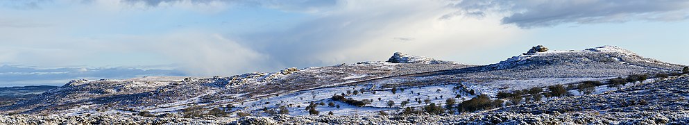 A panorama showing some of Dartmoor's tors in snow