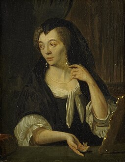 Anna de Hooghe 1690-1708. oil on panel medium QS:P186,Q296955;P186,Q106857709,P518,Q861259 . 18.4 × 14.4 cm (7.2 × 5.6 in). Amsterdam, Rijksmuseum Amsterdam.