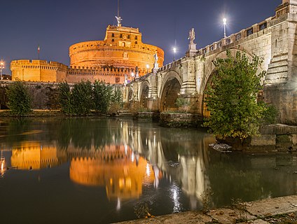 Ponte Sant'Angelo in Rome at night (Castel Sant'Angelo in the background), Lazio, Italy