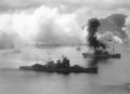 Aircraft of the USAAF 3rd Bomb Group attack Japanese ships in Simpson Harbor, 2 November 1943. The heavy cruiser Haguro is in the foreground. She had been somewhat damaged during the battle of Empress Augusta Bay the previous night.