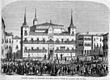 Grabado en blanco y negro que representa el paso de la procesión del Santo Encuentro por la Plaza mayor de León. Siglo XIX.