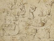 Hieronymus Bosch (?). Witches label QS:Lfr,"Sorcières" label QS:Len,"Witches" label QS:Lde,"Hexen" label QS:Lnl,"Heksen" . circa 1475-1525. pen and brown ink on paper. 25.7 × 17.6 cm (10.1 × 6.9 in). Paris, Musée du Louvre.