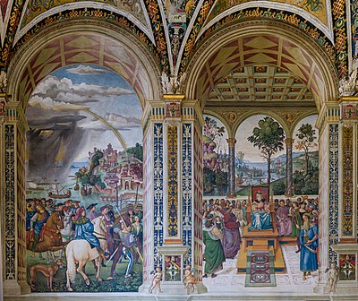 Paintings of Enea Silvio Piccolomini departs to the council of Basel and at the Scottish court by Pinturicchio in the Piccolomini library in Siena Cathedral.