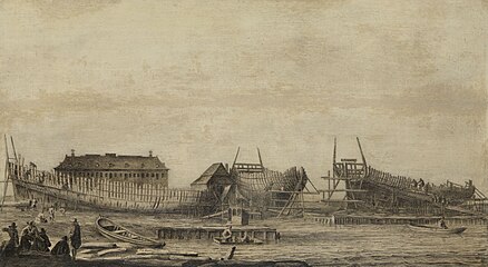 The shipyard of the Amsterdam admiralty 1655-1660. ink on panel medium QS:P186,Q127418;P186,Q106857709,P518,Q861259 . 38 × 69 cm (14.9 × 27.1 in). Amsterdam, Rijksmuseum.