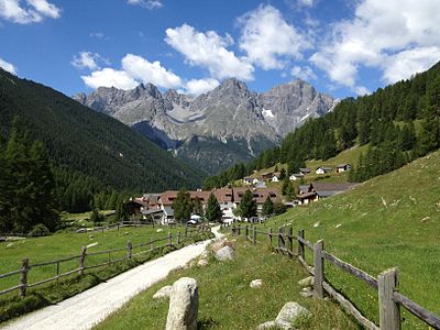 Valley Val S-charl, village S-charl and Piz Pisoc