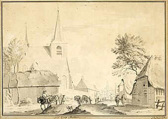 View of Arcen label QS:Len,"View of Arcen" label QS:Lnl,"Gezicht op Arcen" . 1740. pen and brush on paper. 25.8 × 33.2 cm (10.1 × 13 in). Venlo, Limburg Museum.