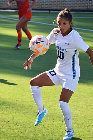 Sam Meza of the North Carolina Tar Heels trapping the ball