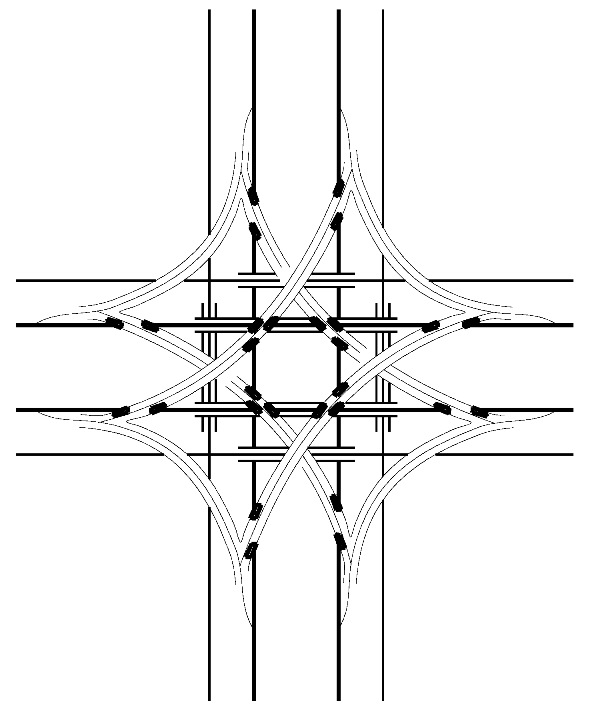 Five Level Fully Directional Interchange
with Frontage Roads. (click in image to see full-size image)
