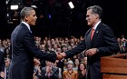 President Barack Obama shakes hands with Republican presidential nominee Mitt Romney after the first presidential debate at the University of Denver, Wednesday, Oct. 3, 2012, in Denver