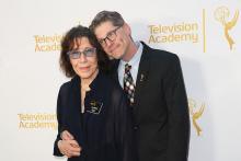 Lily Tomlin and Bob Bergen arrive at the Montage Beverly Hills for the 2014 Performers Peer Group Primetime Emmy nominee reception.