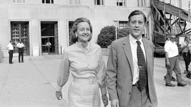 Katharine Graham, publisher of The Washington Post, and Bradlee leave U.S. District Court in Washington on June 21, 1971. The newspaper got the go-ahead to print the Pentagon Papers series on the Vietnam War. Later, the U.S. Court of Appeals extended for one more day a ban against publishing the secret documents. 