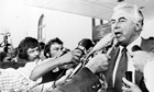 Gough Whitlam addresses reporters outside the Parliament building