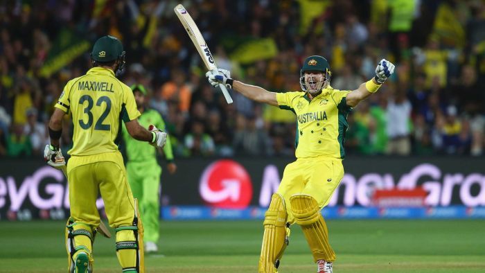 Shane Watson celebrates win with Glenn Maxwell