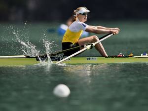 4 September 2015: Switzerland's Jeannine Gmelin wins the A/B semifinal in the women's single sculls, in Aiguebelette-le-Lac, during the world rowing championships