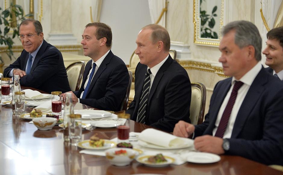 Foreign Minister Sergei Lavrov, Prime Minister Dmitry Medvedev, Vladimir Putin and Defence Minister Sergei Shoigu during Russian-Syrian talks.