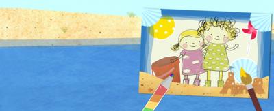 A Nelly and Nora 'Make a Picture' on an illustrated beach background.
