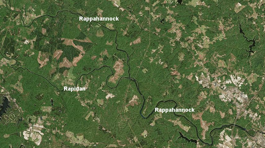where the north and south forks of the Rappahannock diverge (going upstream), the traveler must take a sharper angle to follow the north fork - though today that branch is known as the Rapphannock River, while the south fork has the separate name of Rapidan River