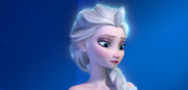 Elsa the Snow Queen, voiced by Maia Mitchell, in a scene from the animated feature "Frozen."