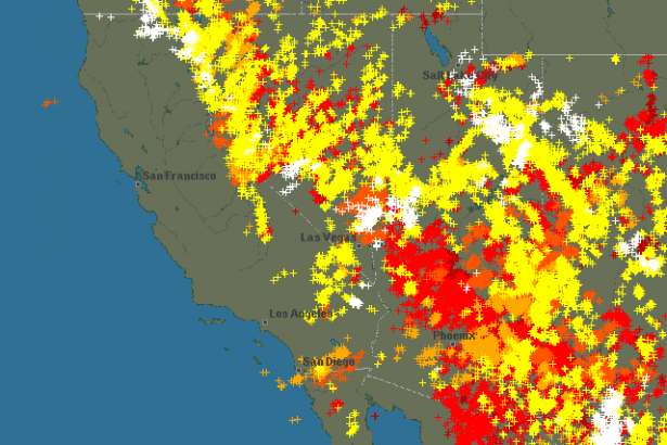 A lightning map from Blitzortung shows lightning strikes around the west from Sunday afternoon through Tuesday afternoon.