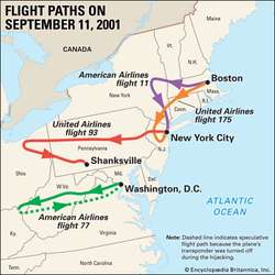 The routes of the four U.S. planes hijacked during the terrorist attacks of September 11, 2001.