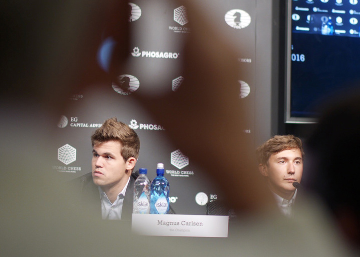 Magnus Carlsen and Sergey Karjakin at their first post-game press conference