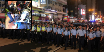 Hundreds of police officers formed a cordon across Nathan Road after protesters blocked all six lanes of the road on Sunday night. Officers (inset) hit some of the protesters with batons and pinned them to the ground. Photo: RTHK/HKEJ