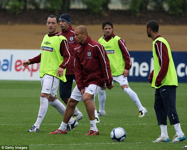 Terry had to endure a week on England duty with United players including Rio Ferdinand (second left), West Brown (centre) and Owen Hargreaves (second right) who he had played against on that night in Moscow