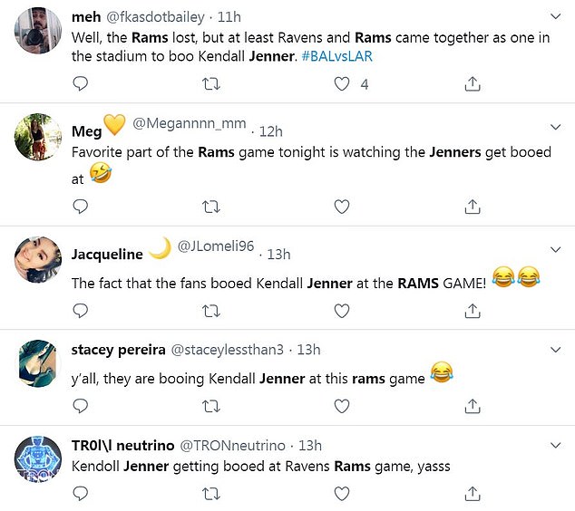 One person wrote: 'Well, the Rams lost, but at least Ravens and Rams came together as one in the stadium to boo Kendall Jenner.'