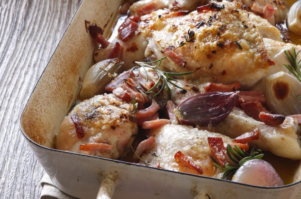 Or his quick roast chicken with bacon, white wine and shallots <a ...