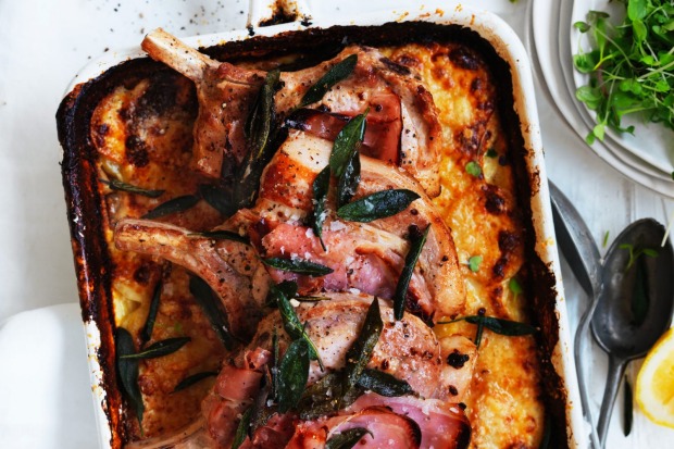 Adam Liaw's saltimbocca-style pork cutlets resting on potato and onion gratin <a ...