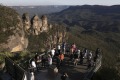 The Three Sisters seen from the Echo Point lookout near Katoomba in the Blue Mountains, NSW.