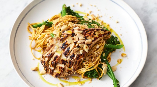 Jamie Oliver's chicken noodle stir-fry with broccolini and toasted peanuts.