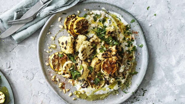 Hetty McKinnon's Charred cauliflower salad with lemony whipped feta and pine nuts. 