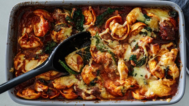 Sausage, kale and tortellini pasta bake.