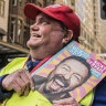 Big Issue seller Glenn on his old beat at the corner of Market St, Sydney, on Monday