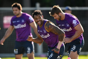 Josh Addo-Carr of the Storm warms up during a Melbourne Storm NRL training session.