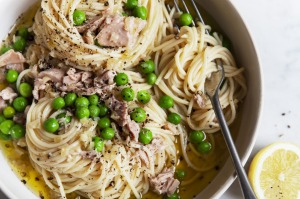 Adam Liaw's canned tuna and frozen pea spaghetti recipe.