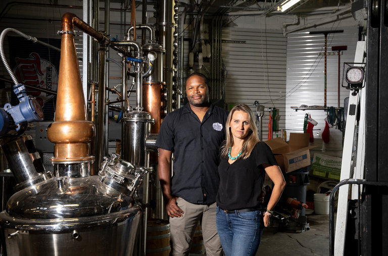 Chris and Shanelle Montana at Du Nord Craft Spirits, which has been closed since its building burned on May 29.