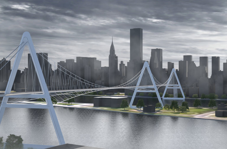 A rendering of the Queens Ribbon bridge, which would link Long Island City in Queens with Roosevelt Island and Midtown Manhattan.