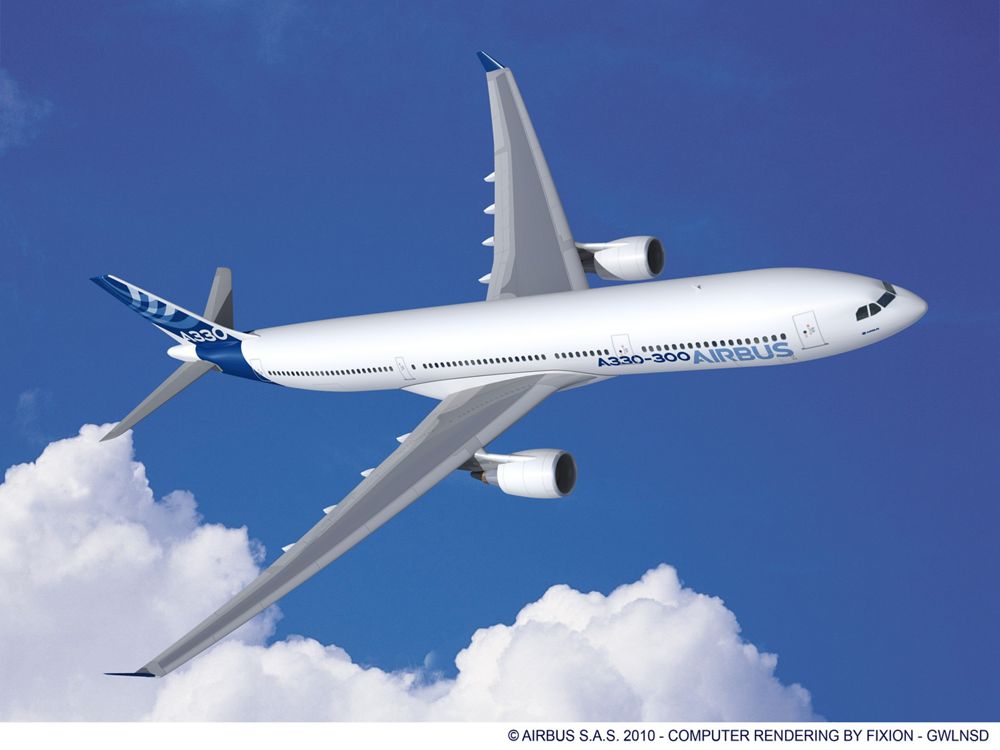 A computer rendering of the A330-300 in Airbus’ blue and white livery