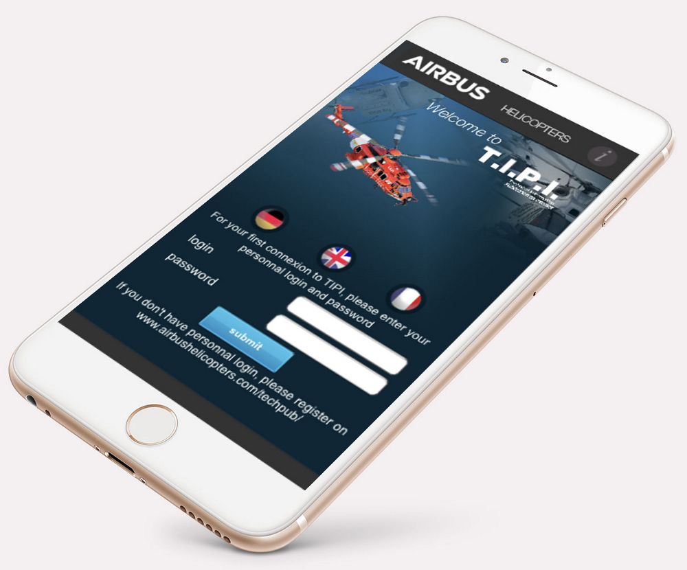   The login screen for Airbus Helicopters’ T.I.P.I. (Technical Information Publication on Internet) portal, shown on an iPhone. 