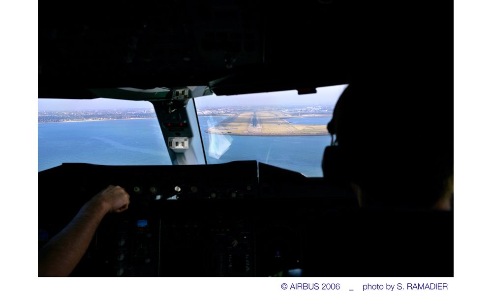 An A380 on its final approach to landing, from the pilots’ perspective inside the cockpit 