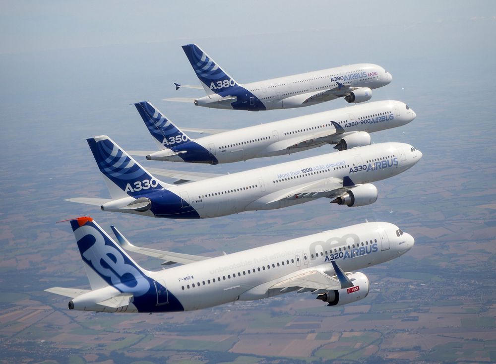 A formation flight with Airbus’ in-service aircraft types: the A320, A330, A350 XWB and A380.  