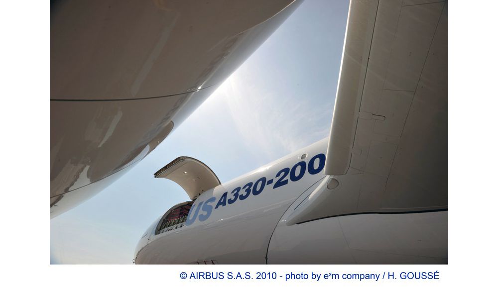 Side view of an Airbus A330-200F freighter aircraft with the main deck cargo door open