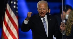 US president-elect Joe Biden in Delaware on Saturday, after being declared the winner of the presidential election. Photograph: Jim Watson/AFP via Getty Images