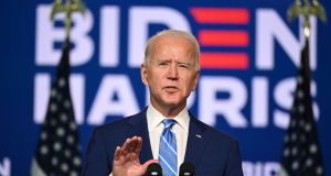 Democratic presidential candidate Joe Biden speaks at the Chase Center in Wilmington, Delaware on Wednesday. Photograph: AFP via Getty Images